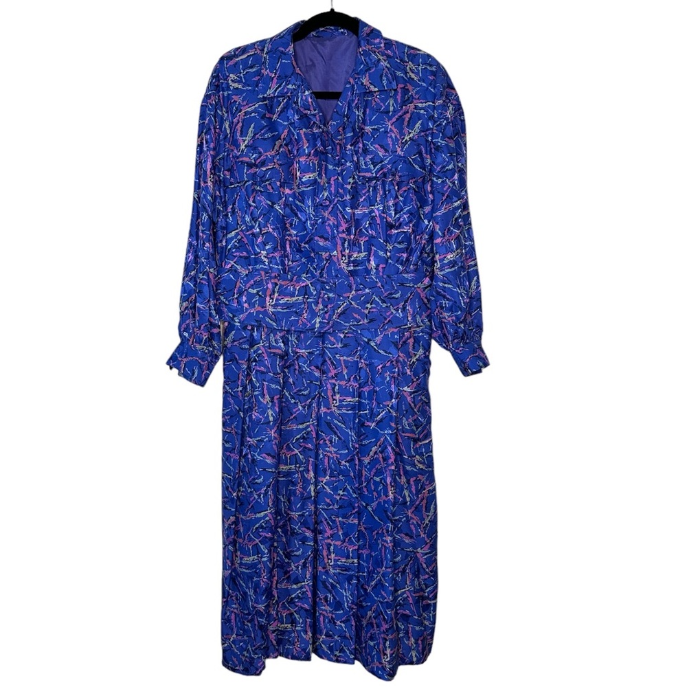 Vintage Front Button, Purple Multicolour, Long Sleeves, Midi Dress